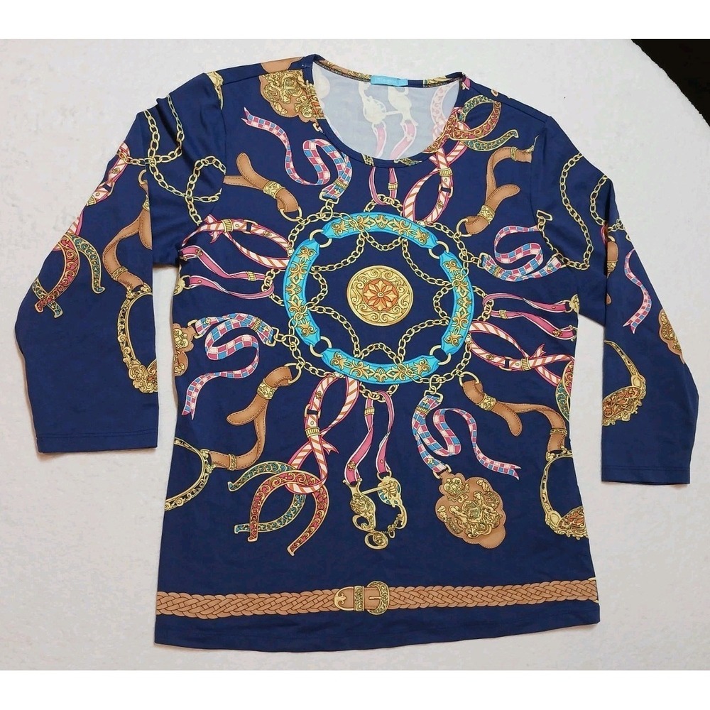 J.McLaughlin Catalina Cloth Top L Large Navy Equestrian Chain Belt Print 3/4 Slv